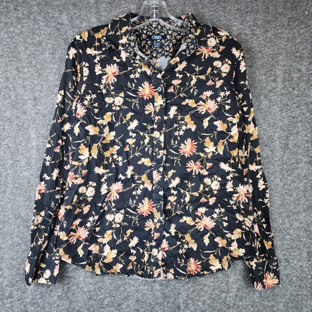 Chaps Button Down Shirt Womens Large Black Floral No Iron Long Sleeve Classic